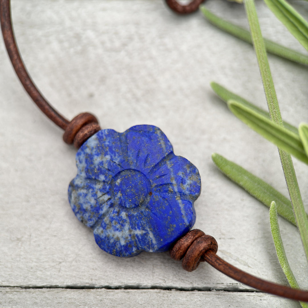 Lapis Lazuli Carved Flower and Brown Leather Necklace - SunlightSilver