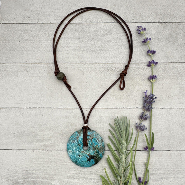 Webbed Turquoise Donut Leather Necklace - SunlightSilver