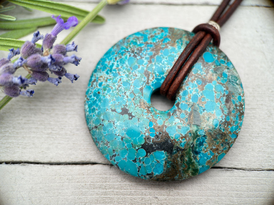 Webbed Turquoise Donut Leather Necklace - SunlightSilver