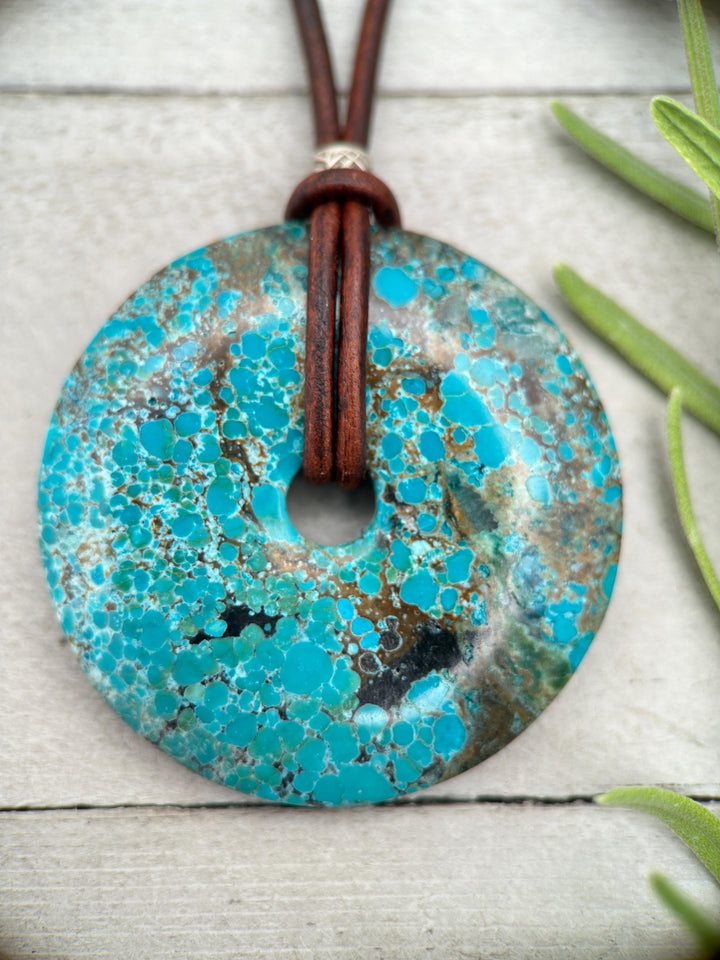 Webbed Turquoise Donut Leather Necklace - SunlightSilver