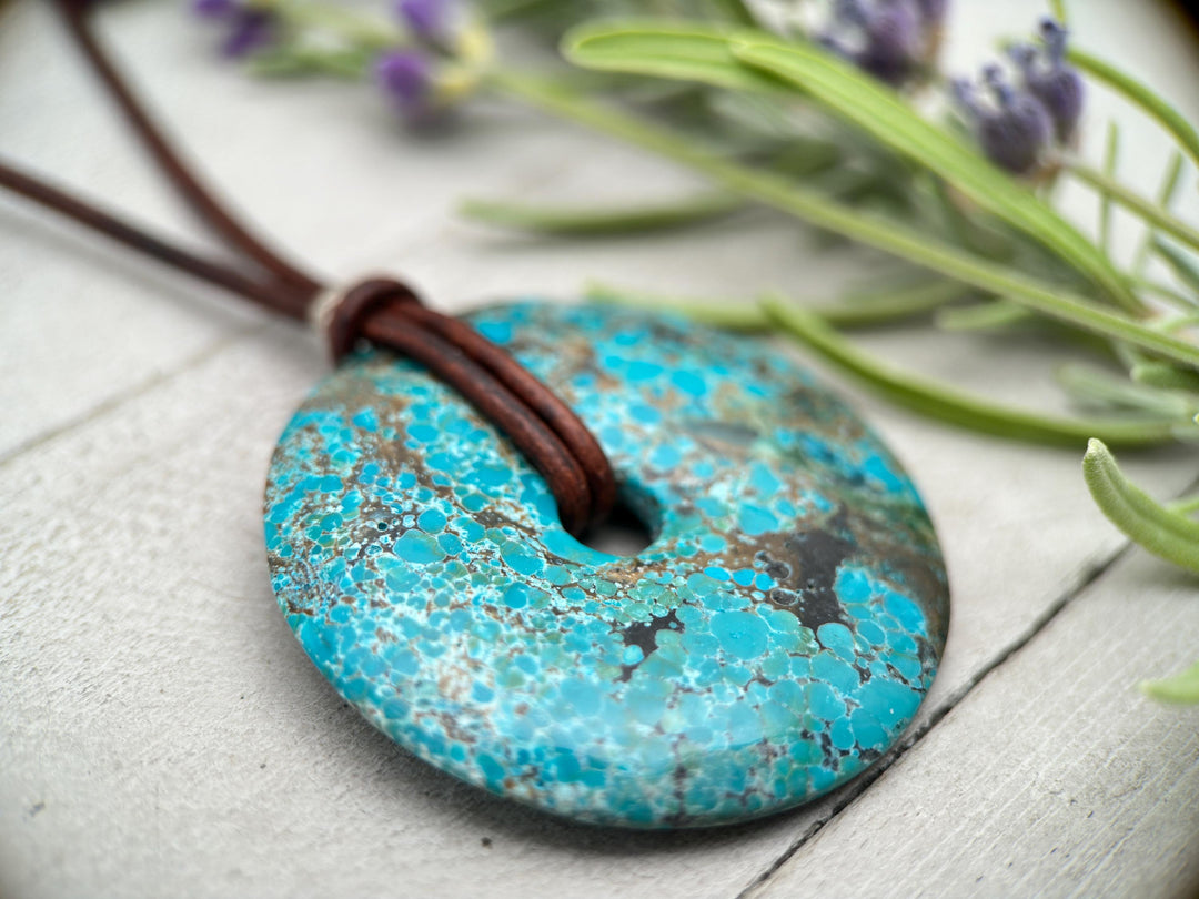 Webbed Turquoise Donut Leather Necklace - SunlightSilver