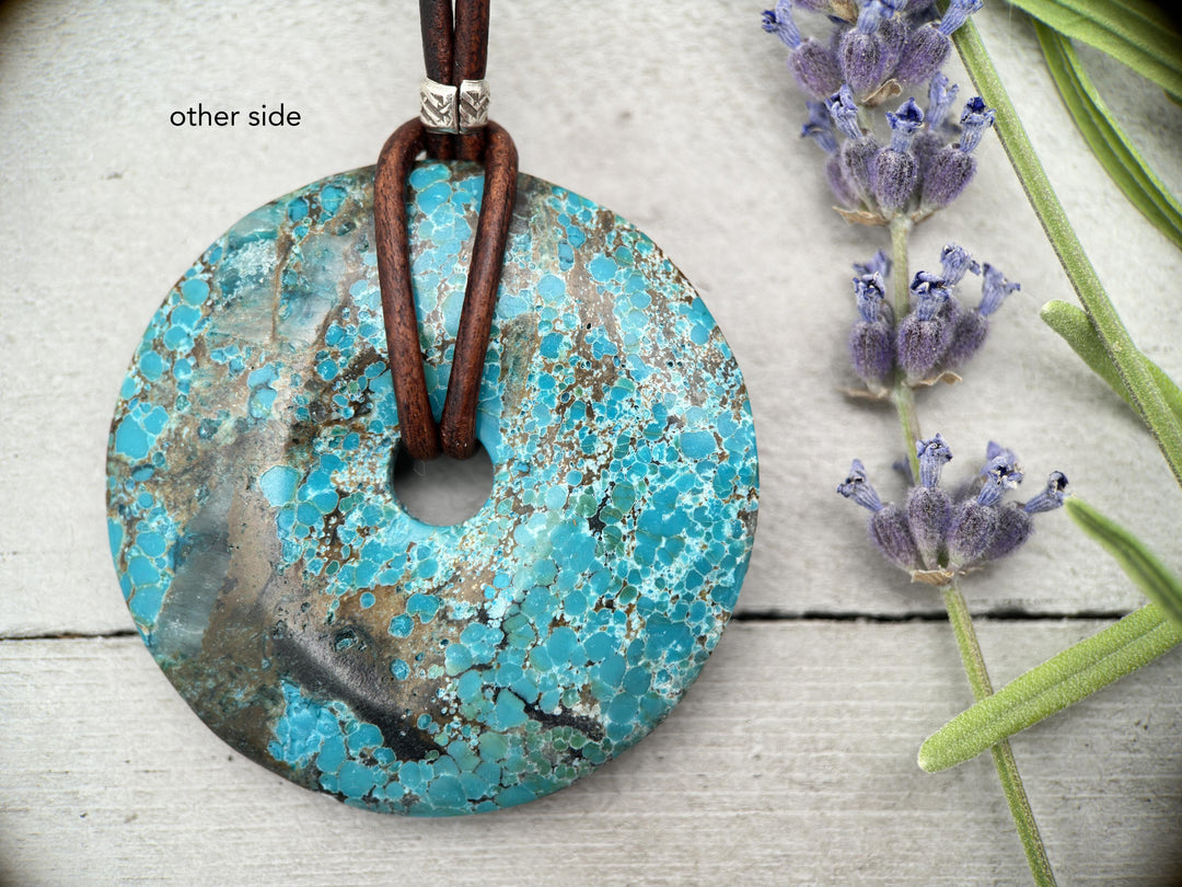 Webbed Turquoise Donut Leather Necklace - SunlightSilver