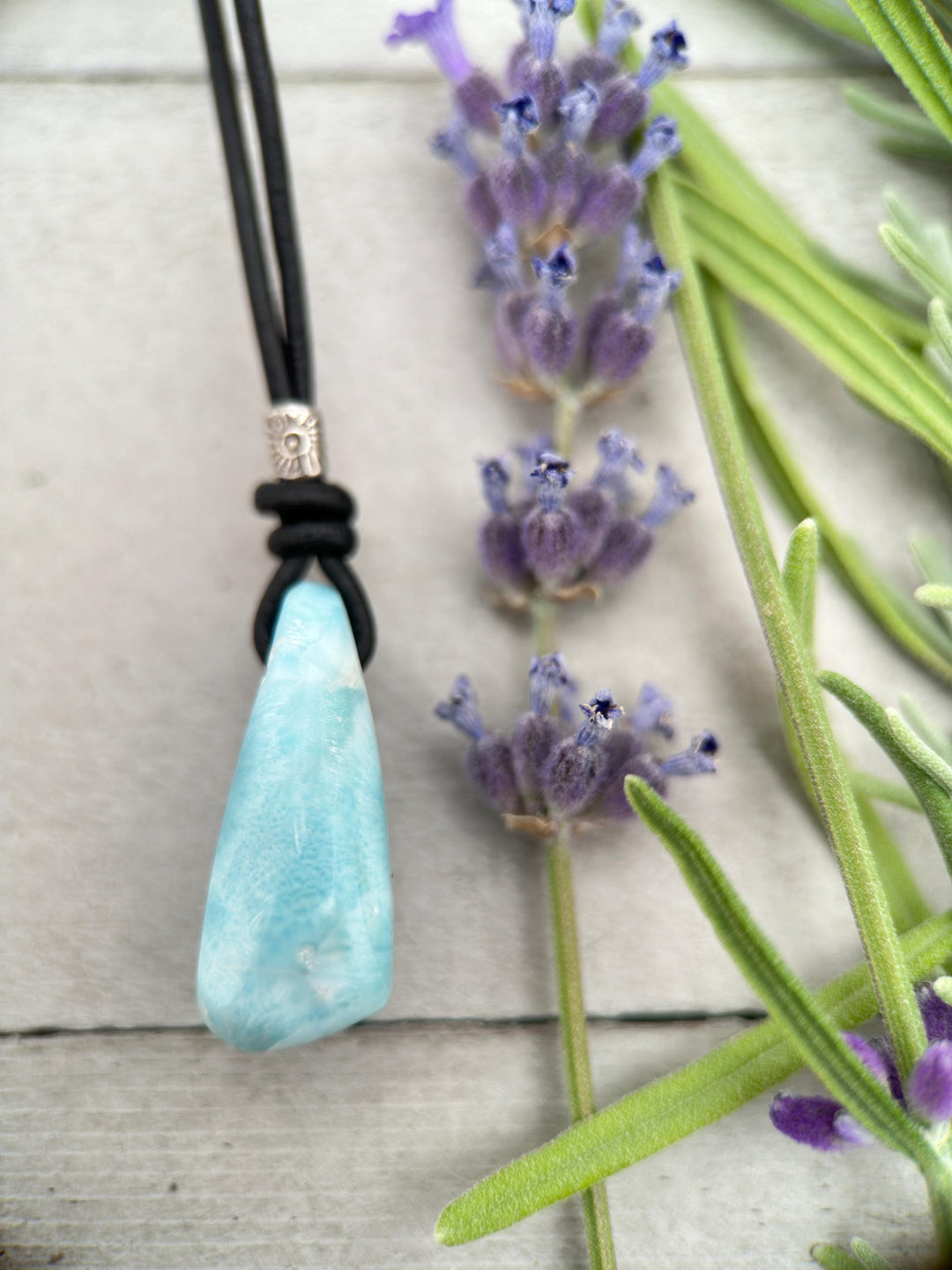 Larimar Crystal, Thai Hill Tribe Silver and Rustic Brown Leather Necklace - SunlightSilver