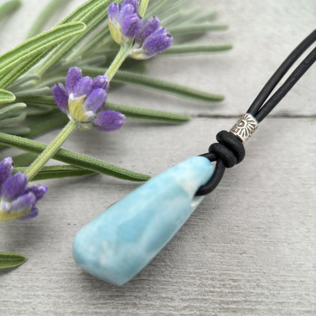 Larimar Crystal, Thai Hill Tribe Silver and Rustic Brown Leather Necklace - SunlightSilver