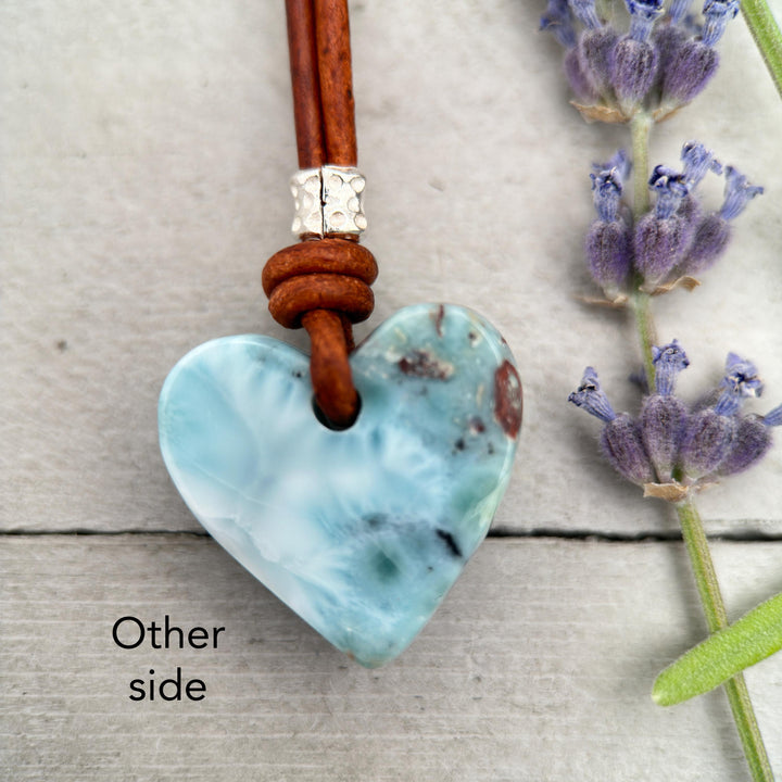 Larimar Heart Crystal and Rustic Brown Leather Necklace - SunlightSilver