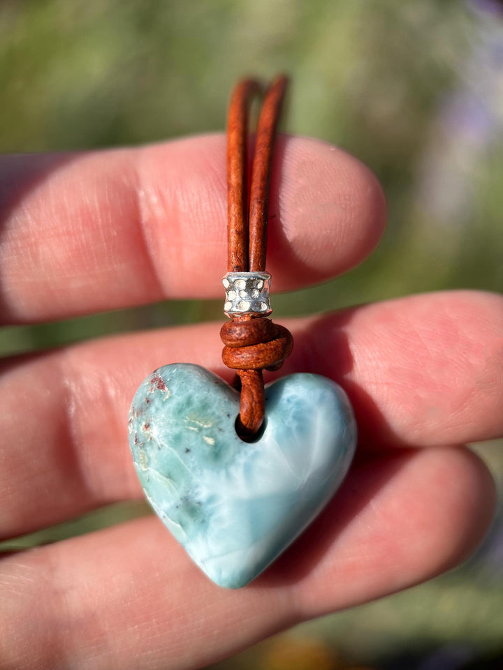 Larimar Heart Crystal and Rustic Brown Leather Necklace - SunlightSilver