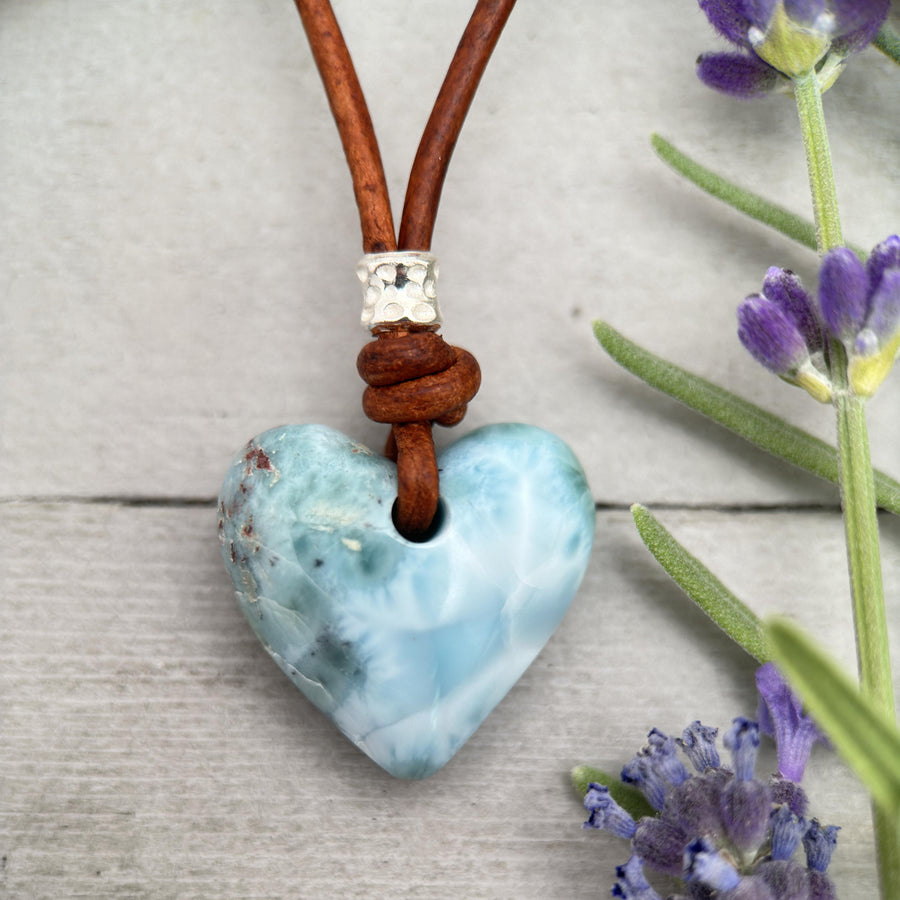 Larimar Heart Crystal and Rustic Brown Leather Necklace - SunlightSilver