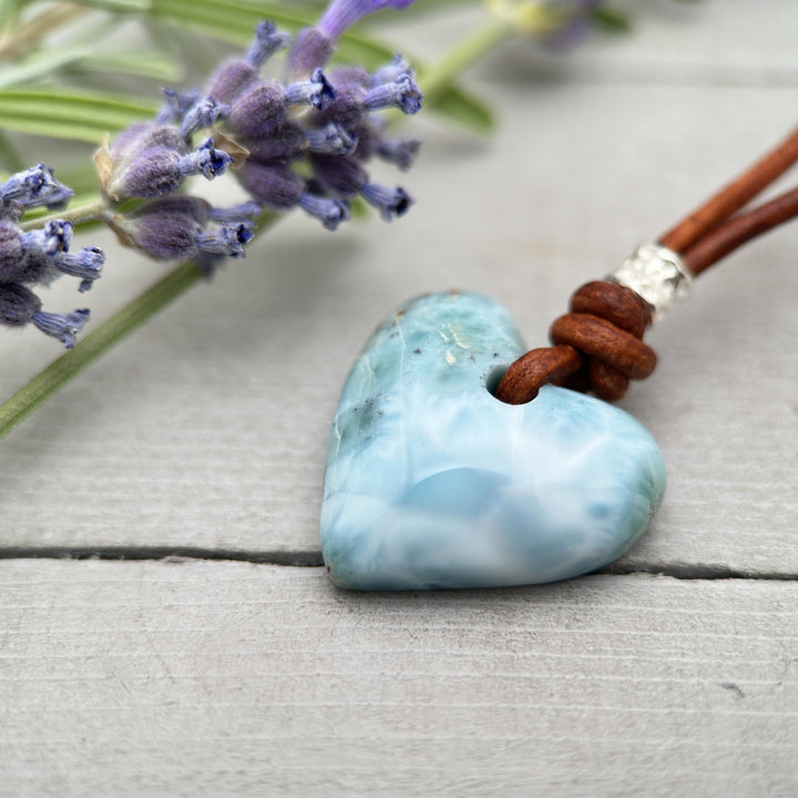 Larimar Heart Crystal and Rustic Brown Leather Necklace - SunlightSilver