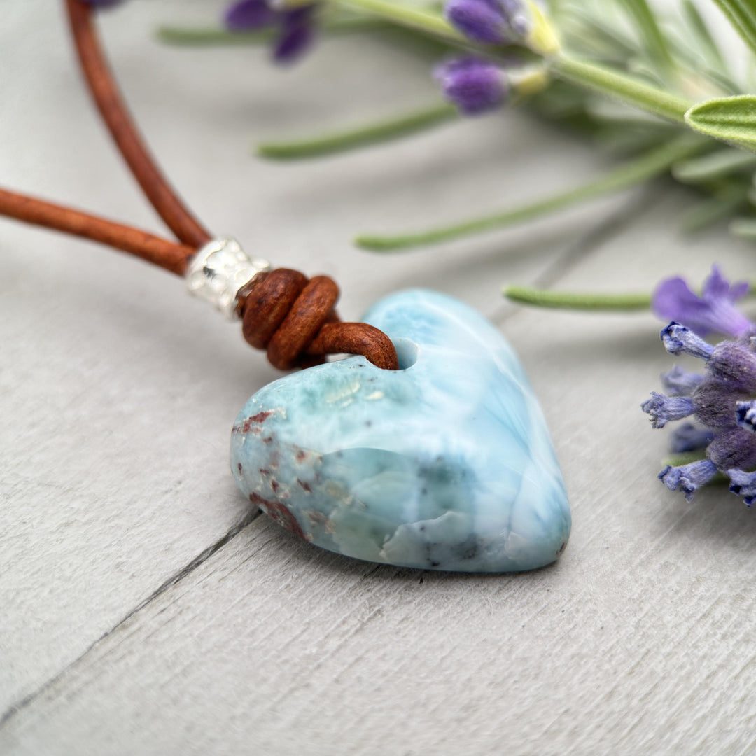 Larimar Heart Crystal and Rustic Brown Leather Necklace - SunlightSilver