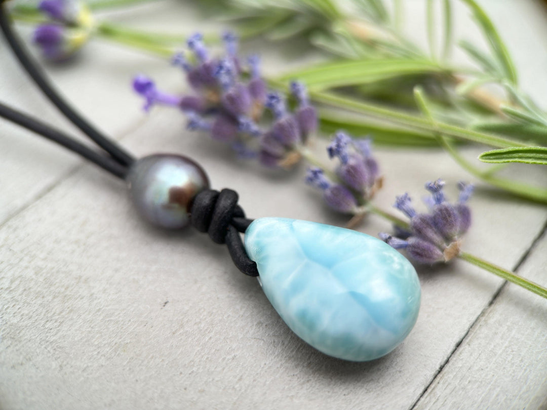 Larimar and Black Leather Necklace with Peacock Freshwater Pearl - SunlightSilver