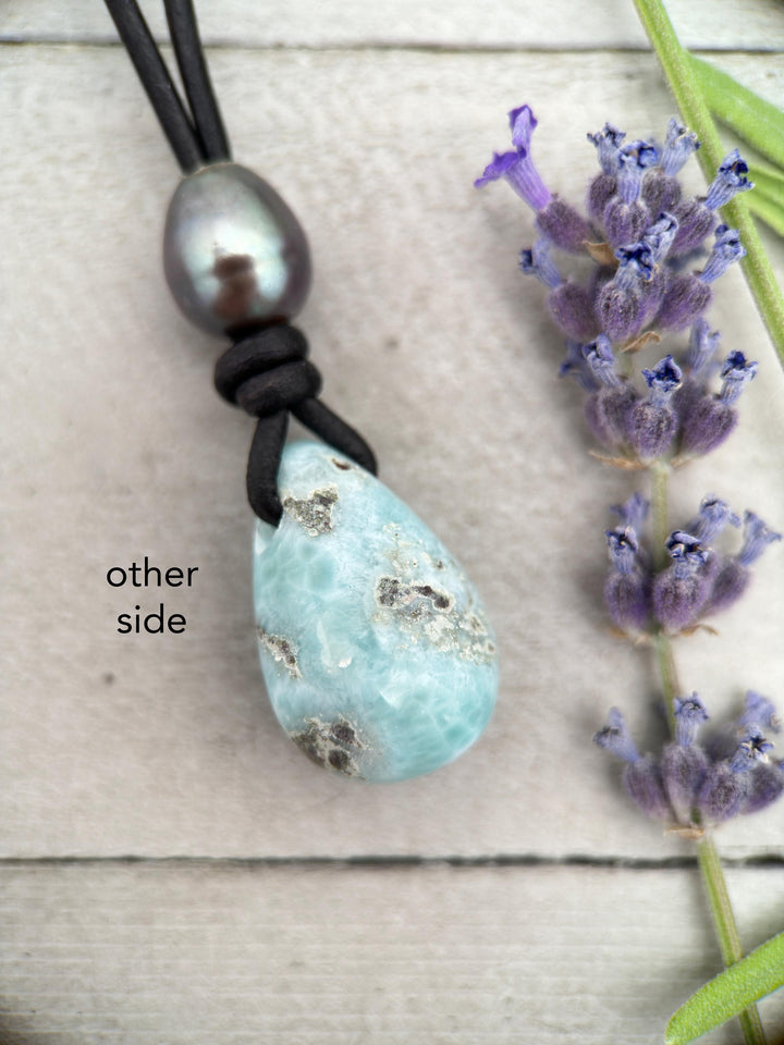 Larimar and Black Leather Necklace with Peacock Freshwater Pearl - SunlightSilver