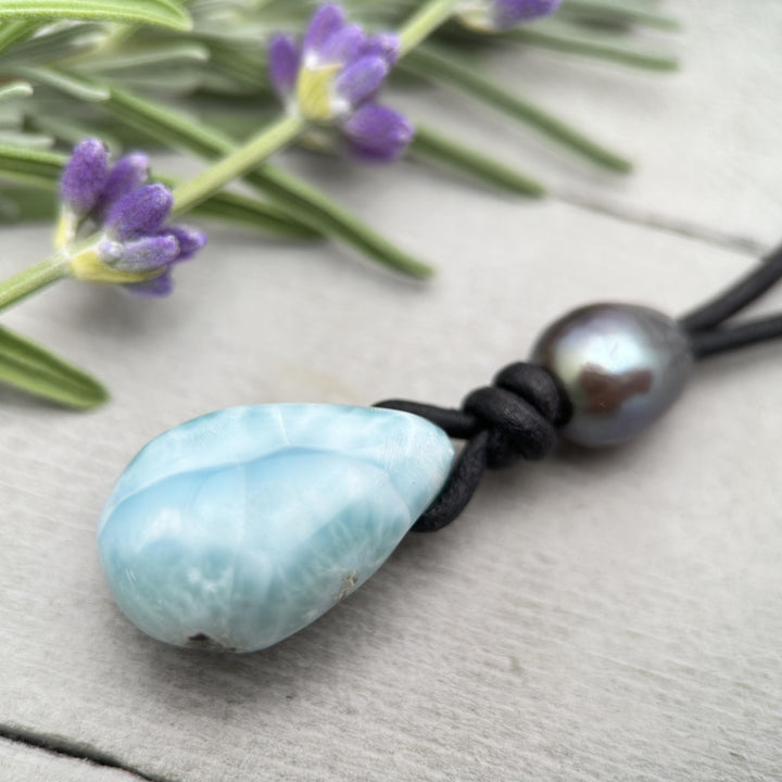 Larimar and Black Leather Necklace with Peacock Freshwater Pearl - SunlightSilver