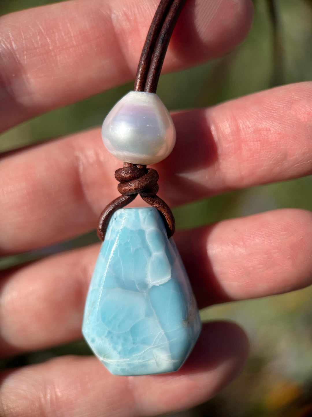 Larimar and Black Leather Necklace with Sterling Silver and Freshwater Pearl - SunlightSilver