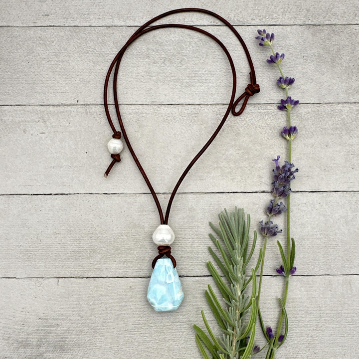 Larimar and Black Leather Necklace with Sterling Silver and Freshwater Pearl - SunlightSilver