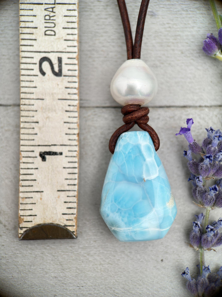 Larimar and Black Leather Necklace with Sterling Silver and Freshwater Pearl - SunlightSilver