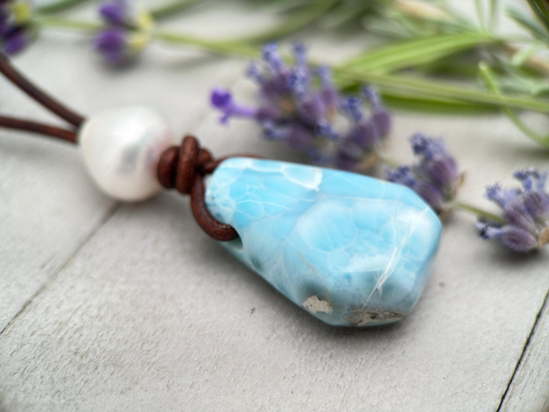 Larimar and Black Leather Necklace with Sterling Silver and Freshwater Pearl - SunlightSilver