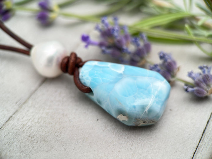 Larimar and Black Leather Necklace with Sterling Silver and Freshwater Pearl - SunlightSilver