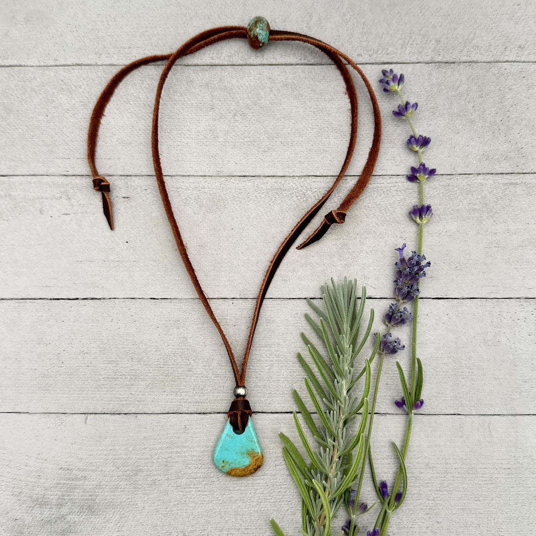 Blue Kingman Turquoise and Adjustable Rustic Brown Leather Necklace - SunlightSilver