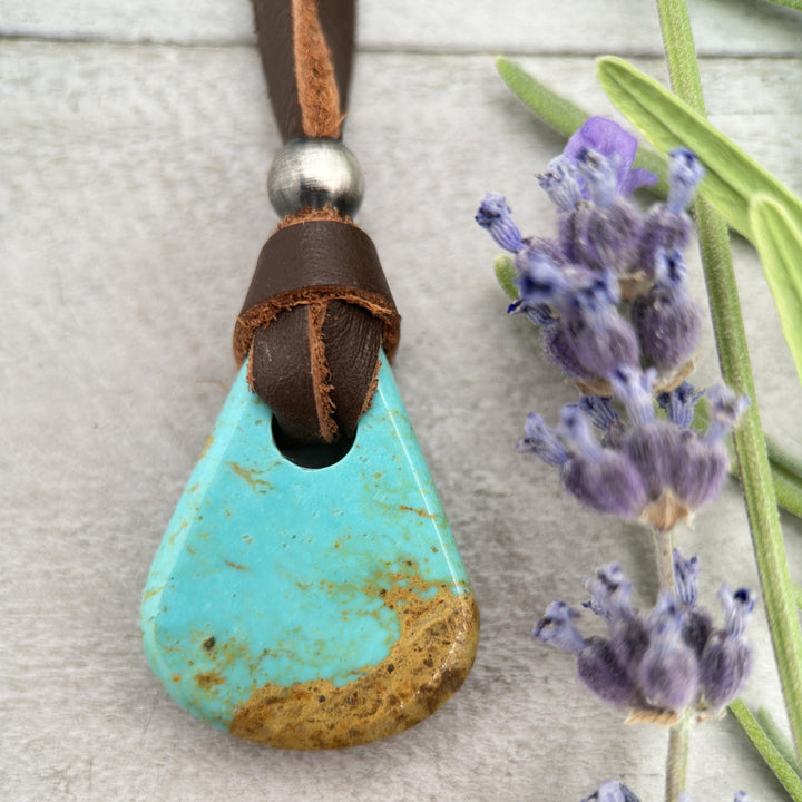 Blue Kingman Turquoise and Adjustable Rustic Brown Leather Necklace - SunlightSilver