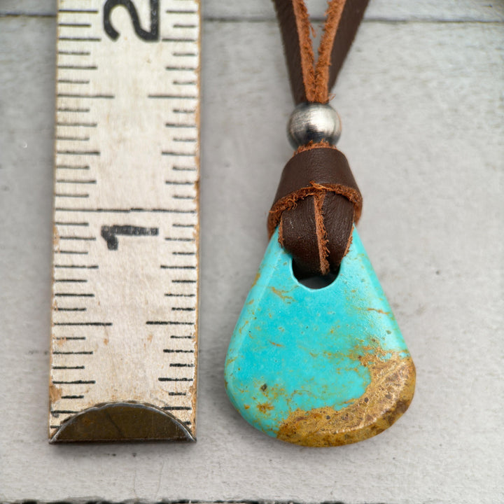 Blue Kingman Turquoise and Adjustable Rustic Brown Leather Necklace - SunlightSilver