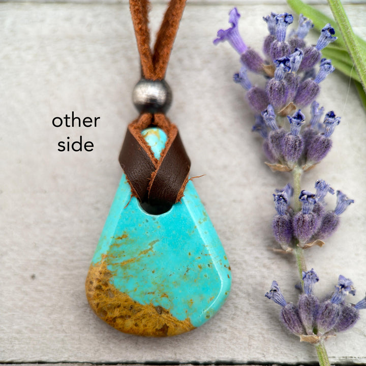 Blue Kingman Turquoise and Adjustable Rustic Brown Leather Necklace - SunlightSilver