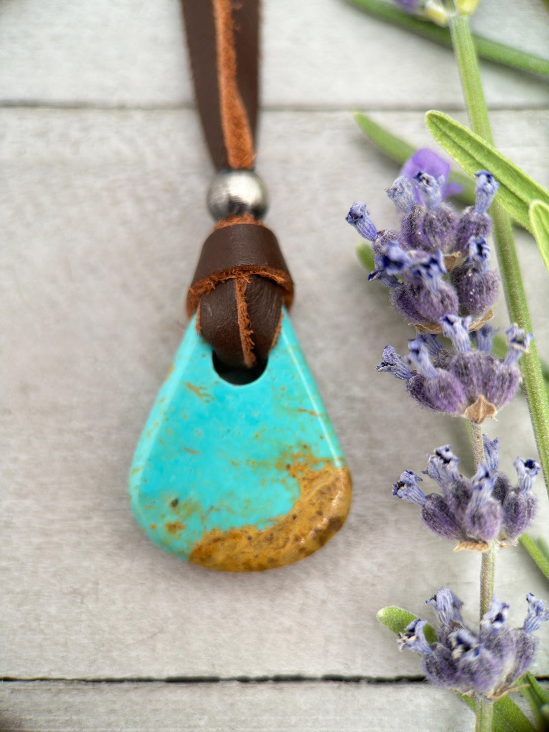 Blue Kingman Turquoise and Adjustable Rustic Brown Leather Necklace - SunlightSilver