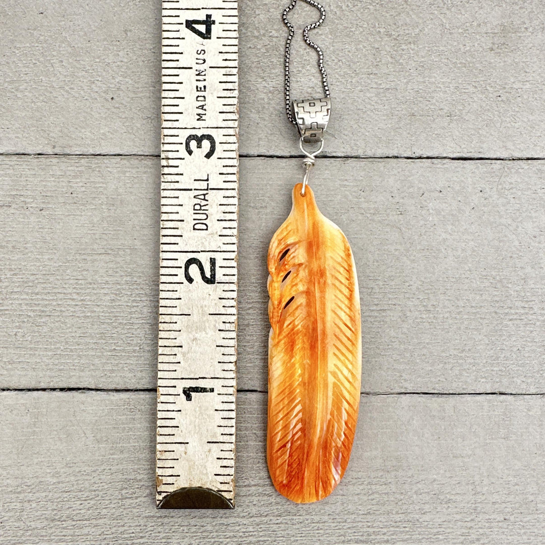 Large Carved Orange Spiny Oyster Feather and Sterling Silver Pendant - SunlightSilver