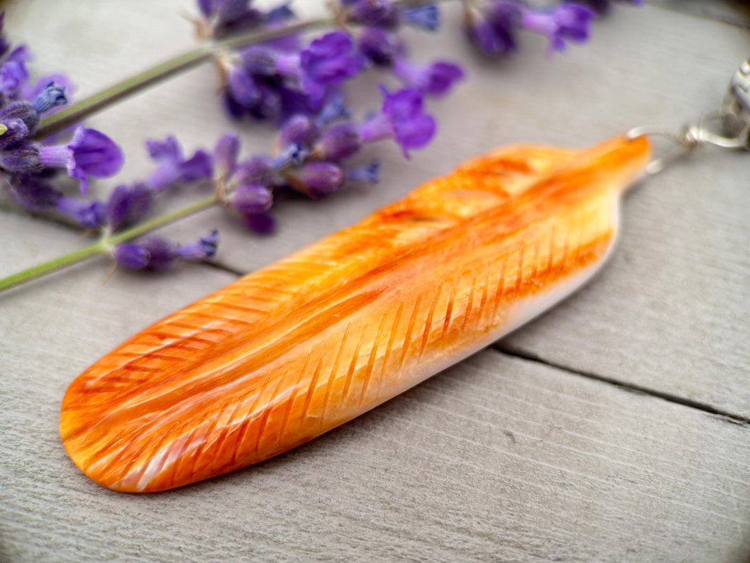 Large Carved Orange Spiny Oyster Feather and Sterling Silver Pendant - SunlightSilver