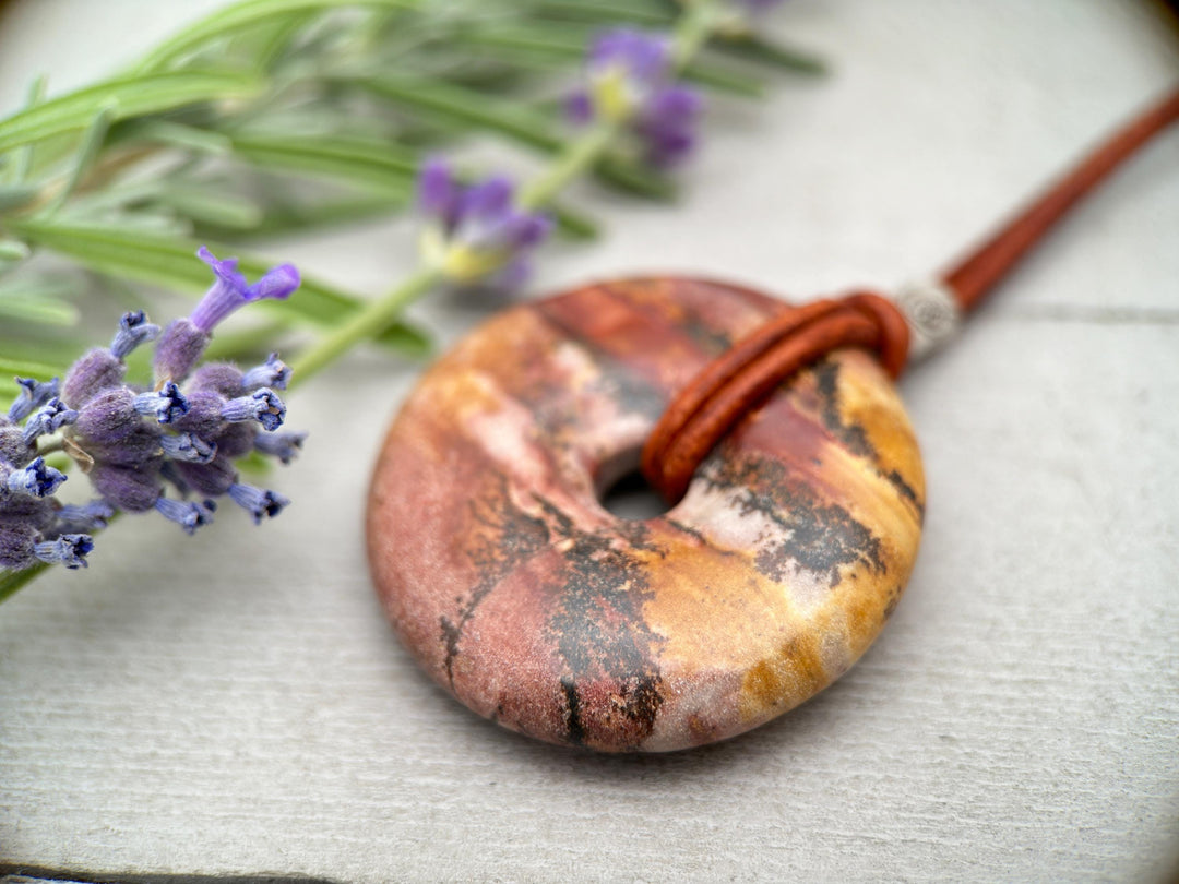 Cherry Creek Jasper and Rustic Brown Leather Necklace - SunlightSilver