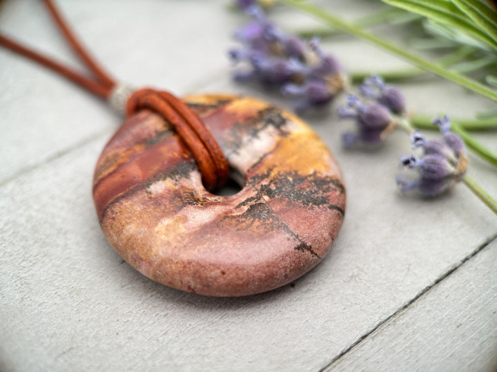 Cherry Creek Jasper and Rustic Brown Leather Necklace - SunlightSilver