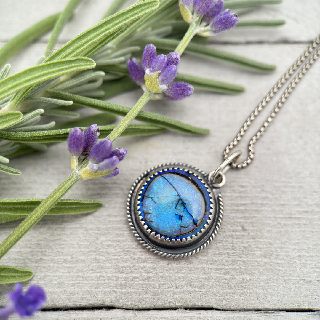 Blue Sterling Opal and Sterling Silver Pendant Necklace - SunlightSilver