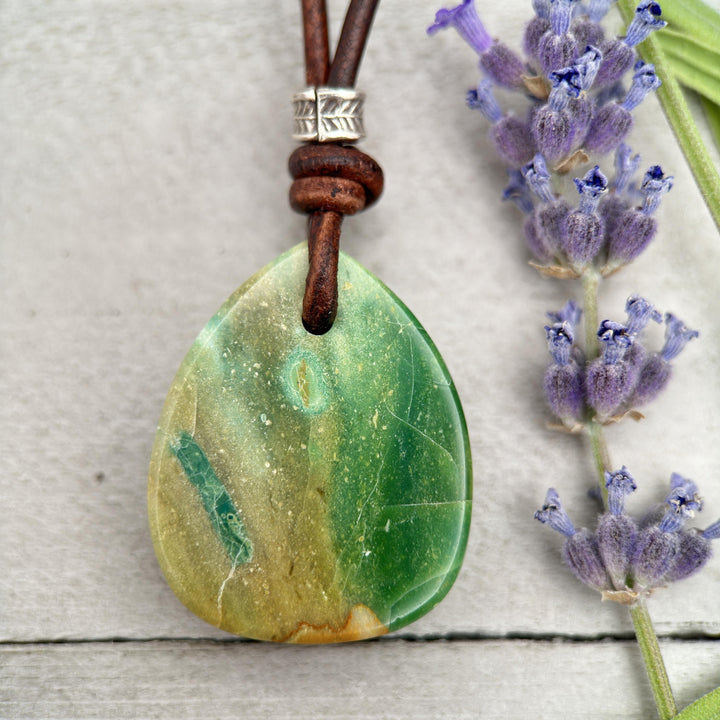 Indonesian Opalized Petrified Wood and Leather Pendant Necklace - SunlightSilver