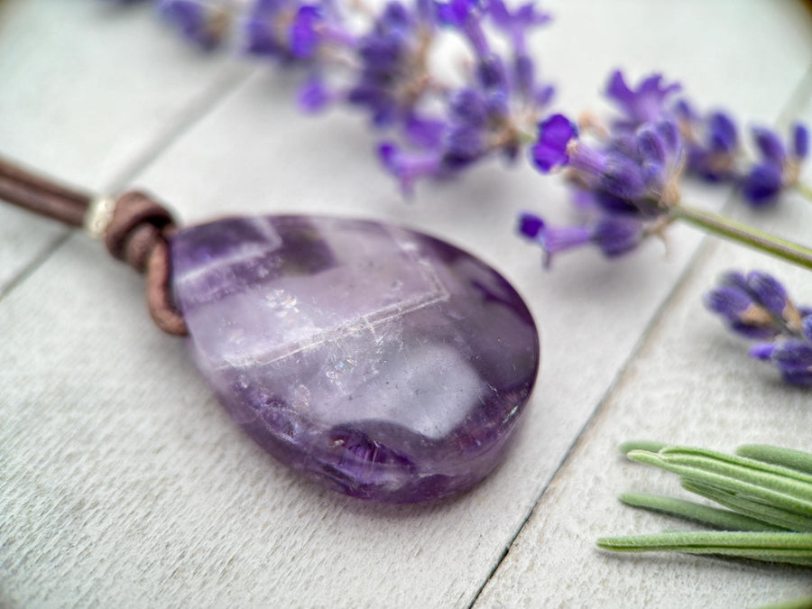 Purple Amethyst Pendant Leather Necklace - SunlightSilver