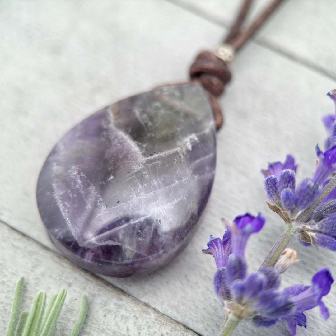 Purple Amethyst Pendant Leather Necklace - SunlightSilver