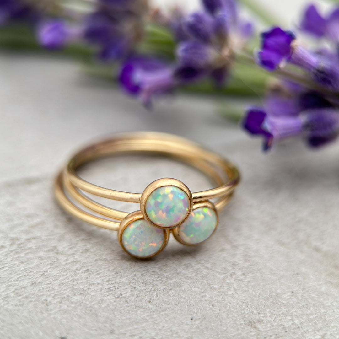 Opal 14k Yellow Gold Fill Stacking Ring. Simulated Lab White Opal Size 5 - 8 US. - SunlightSilver