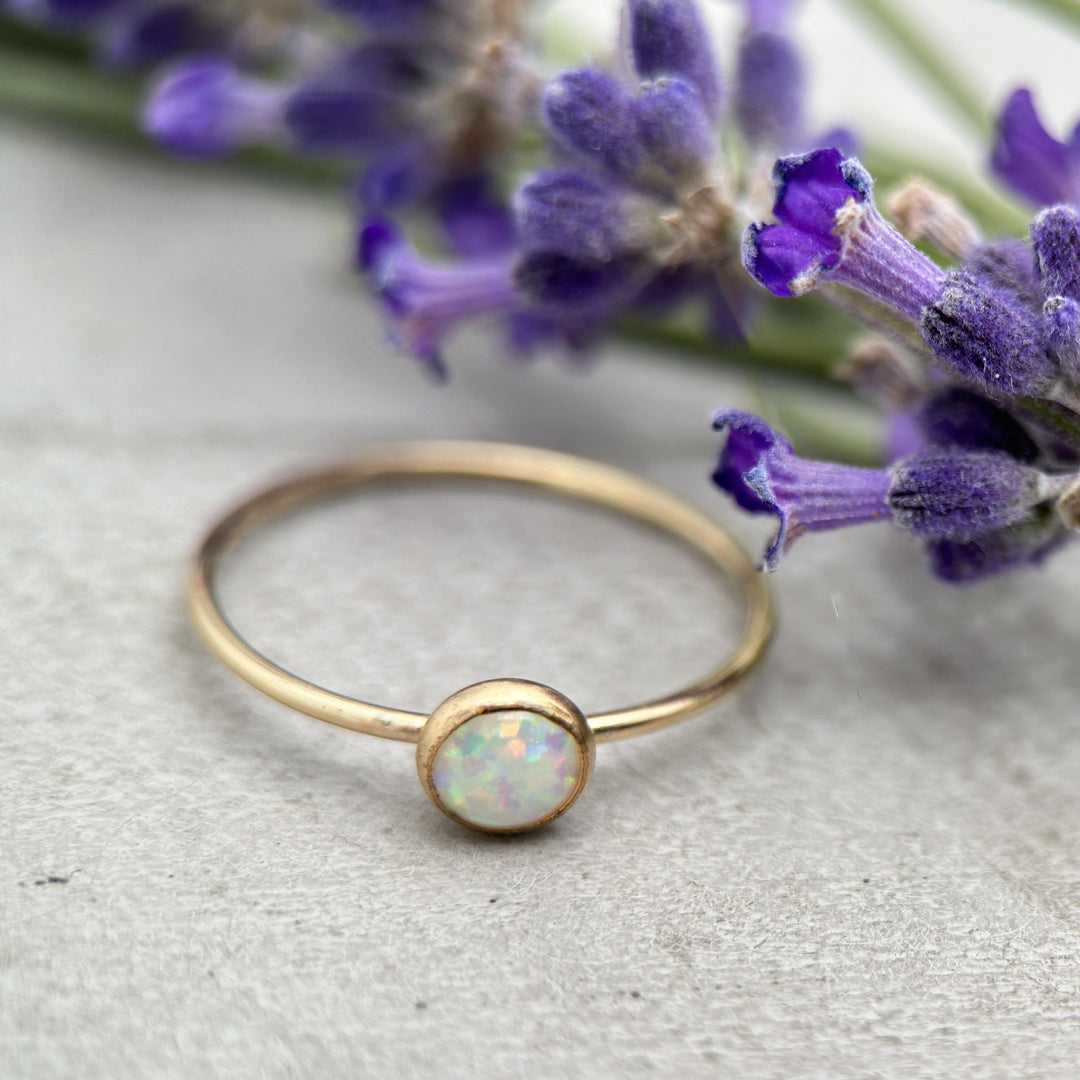 Opal 14k Yellow Gold Fill Stacking Ring. Simulated Lab White Opal Size 5 - 8 US. - SunlightSilver