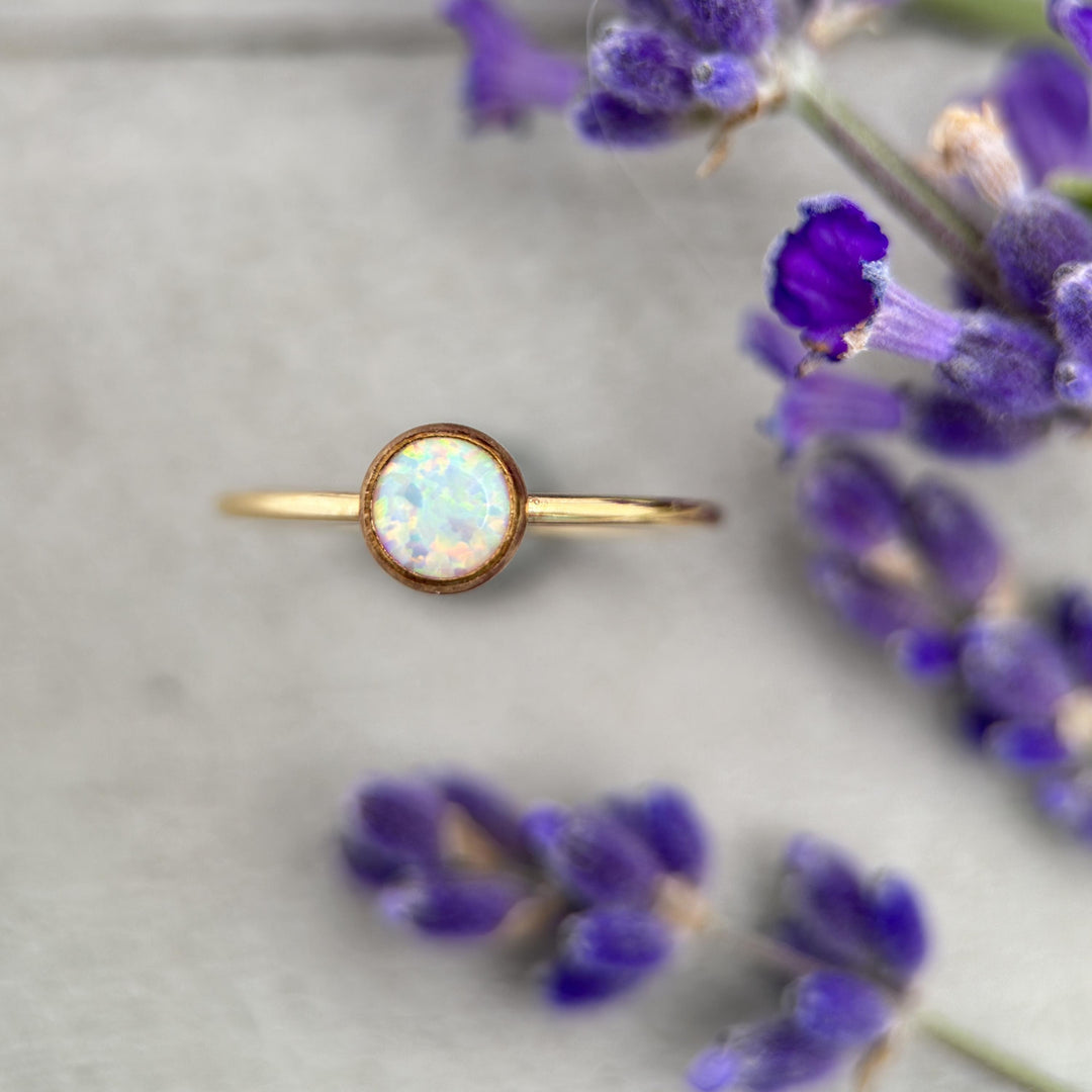 Opal 14k Yellow Gold Fill Stacking Ring. Simulated Lab White Opal Size 5 - 8 US. - SunlightSilver