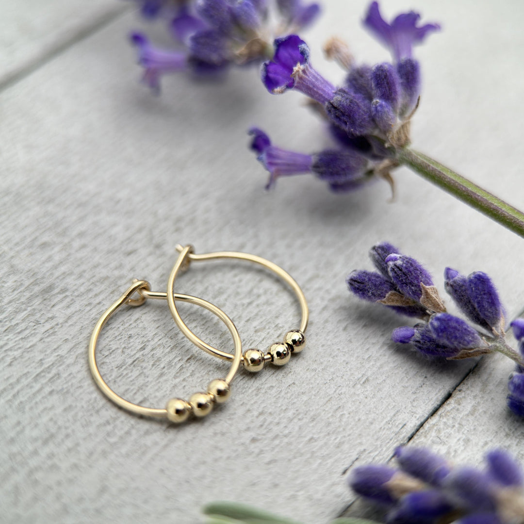 Small 14k Yellow Gold Fill Hoop Earrings with 3 Beads - SunlightSilver