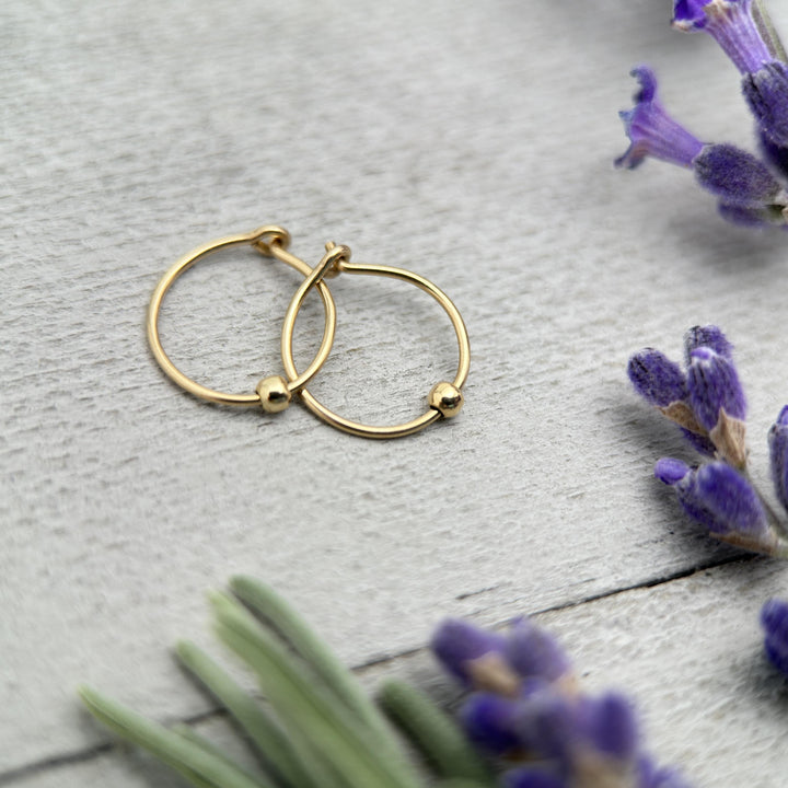 Handmade Yellow Gold Hoop Earrings with Bead – 14k Gold Filled Small Hoops – 24/7 Day & Night Minimalist Earrings – Tiny Cartilage Hoops - SunlightSilver