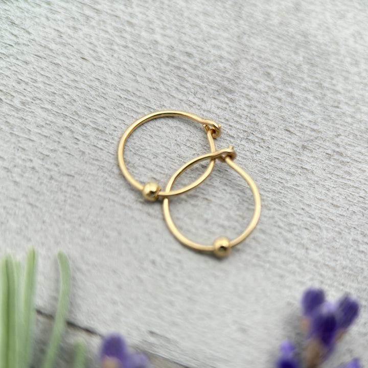 Handmade Yellow Gold Hoop Earrings with Bead – 14k Gold Filled Small Hoops – 24/7 Day & Night Minimalist Earrings – Tiny Cartilage Hoops - SunlightSilver