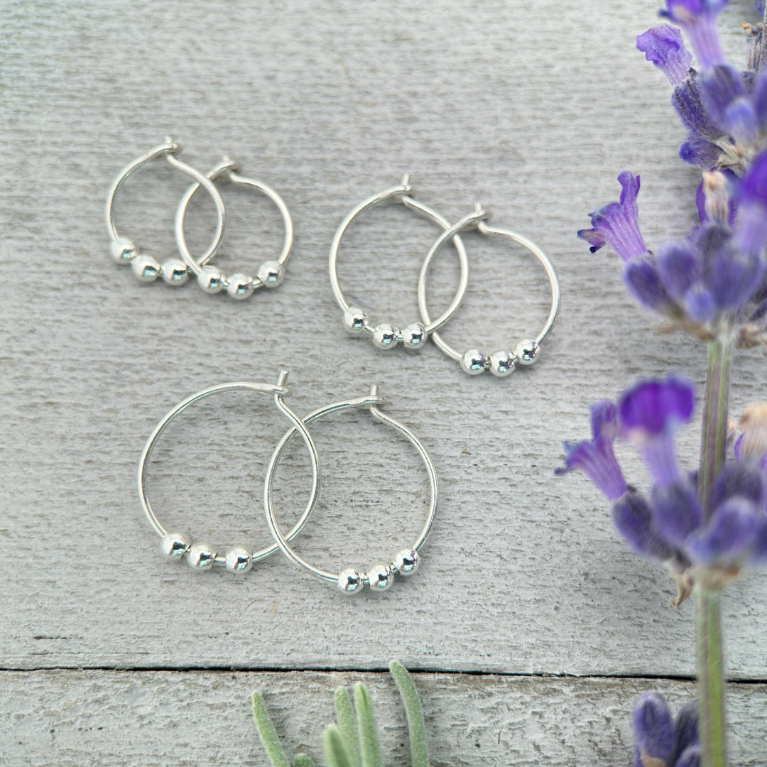 Sterling Silver Small Hoop Earrings with 3 Silver Ball Beads - Minimalist Everyday 24-7 Earrings - SunlightSilver