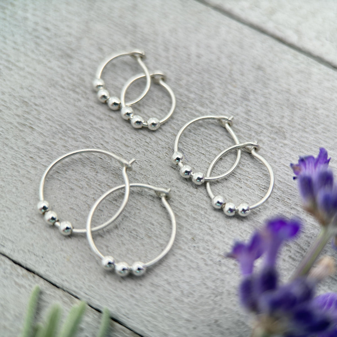 Small Silver Hoop Earrings - 3 Bead Sleeper Huggies - Minimalist Everyday 24-7 Earrings - SunlightSilver