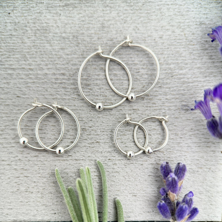 Sterling Silver Tiny Hoop Earrings with Silver Ball Bead - Minimalist Everyday 24-7 Earrings - SunlightSilver