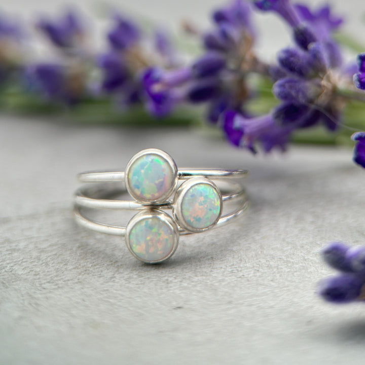 Opal Stacking Ring. Solid 925 Sterling Silver with Simulated Lab Opal. Size 4.5 - 8 US. Thin band. Stackable - SunlightSilver