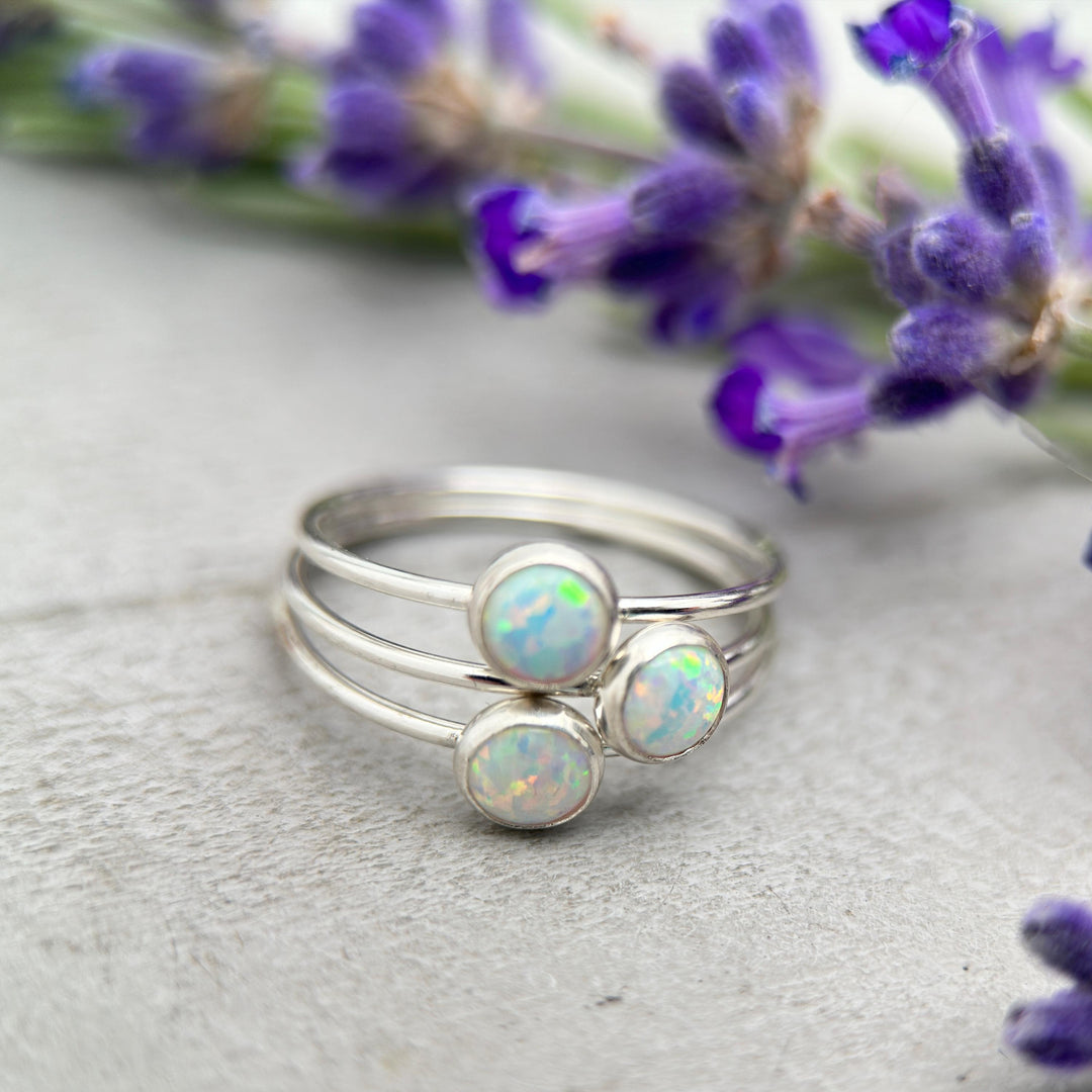 Opal Stacking Ring. Solid 925 Sterling Silver with Simulated Lab Opal. Size 4.5 - 8 US. Thin band. Stackable - SunlightSilver