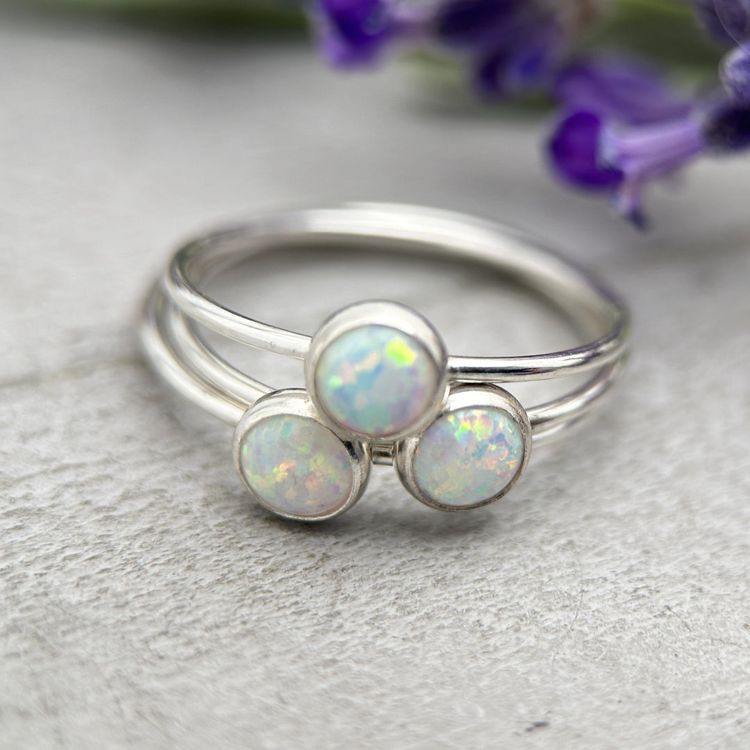 Opal Stacking Ring. Solid 925 Sterling Silver with Simulated Lab Opal. Size 4.5 - 8 US. Thin band. Stackable - SunlightSilver