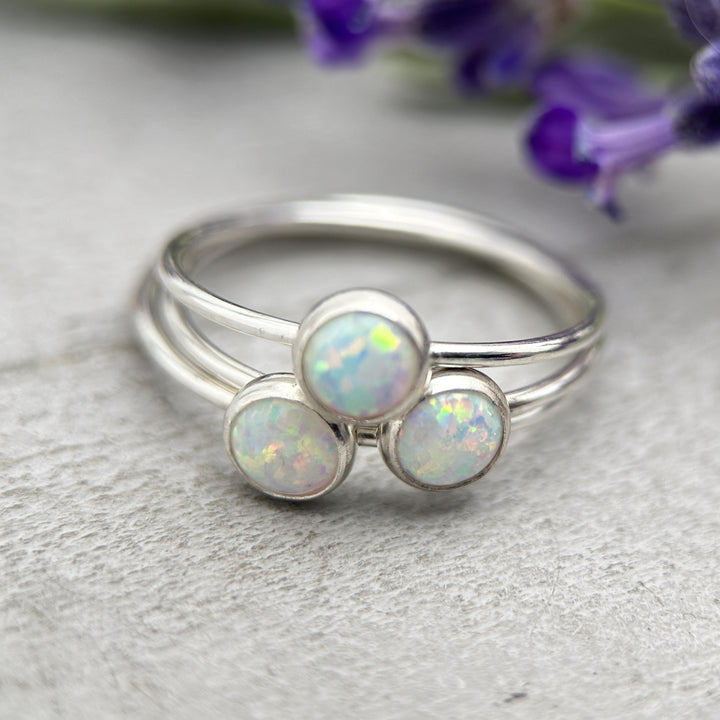 Opal Stacking Ring. Solid 925 Sterling Silver with Simulated Lab Opal. Size 4.5 - 8 US. Thin band. Stackable - SunlightSilver