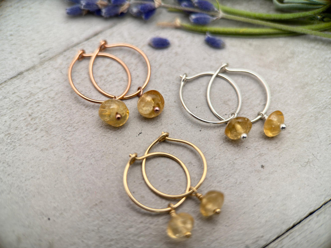 Citrine Charm Hoop Earrings. Available in Solid 925 Sterling Silver, 14k Yellow or Rose Gold Fill - SunlightSilver