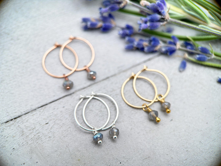 Labradorite Charm Hoop Earrings Available in Solid 925 Sterling Silver, 14k Yellow or Rose Gold Fill - SunlightSilver