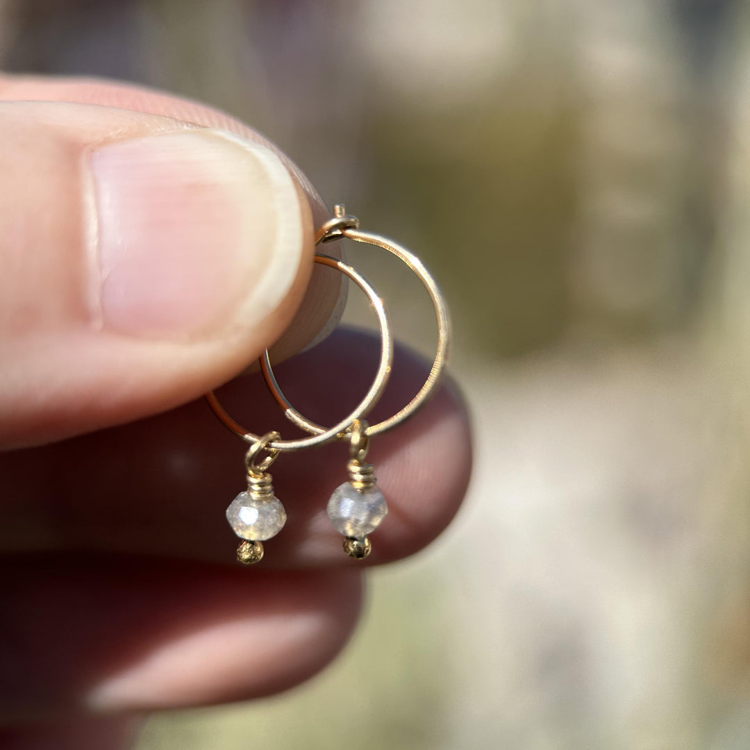 Labradorite Charm Hoop Earrings Available in Solid 925 Sterling Silver, 14k Yellow or Rose Gold Fill - SunlightSilver